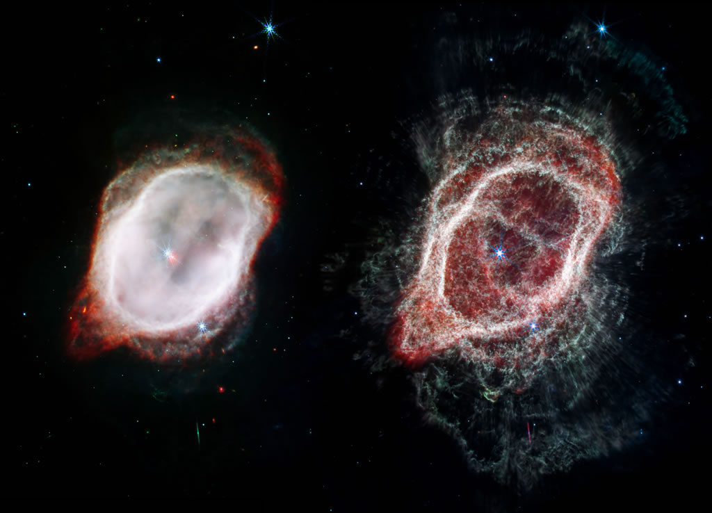Two views of the same object, the Southern Ring Nebula, are shown side by side. Both feature black backgrounds. Both show the planetary nebula as a misshapen oval that is slightly angled from the top left to the bottom right. At left, the image shows two stars that are almost overlapping at the center. The top left star appears white and the bottom right appears red. A large almost solid white oval surrounds the central stars. It takes up about a quarter of the view. At right, the image shows one star at the center. A large translucent pink-and-red irregular oval surrounds the central stars. This approximately matches the size of what’s shown in the image at left. A lot more extends outward from this region in the right image. It has similar regions that jut out at the bottom left, but there are lots of wavy lines and patterns that extend all around the edges. 